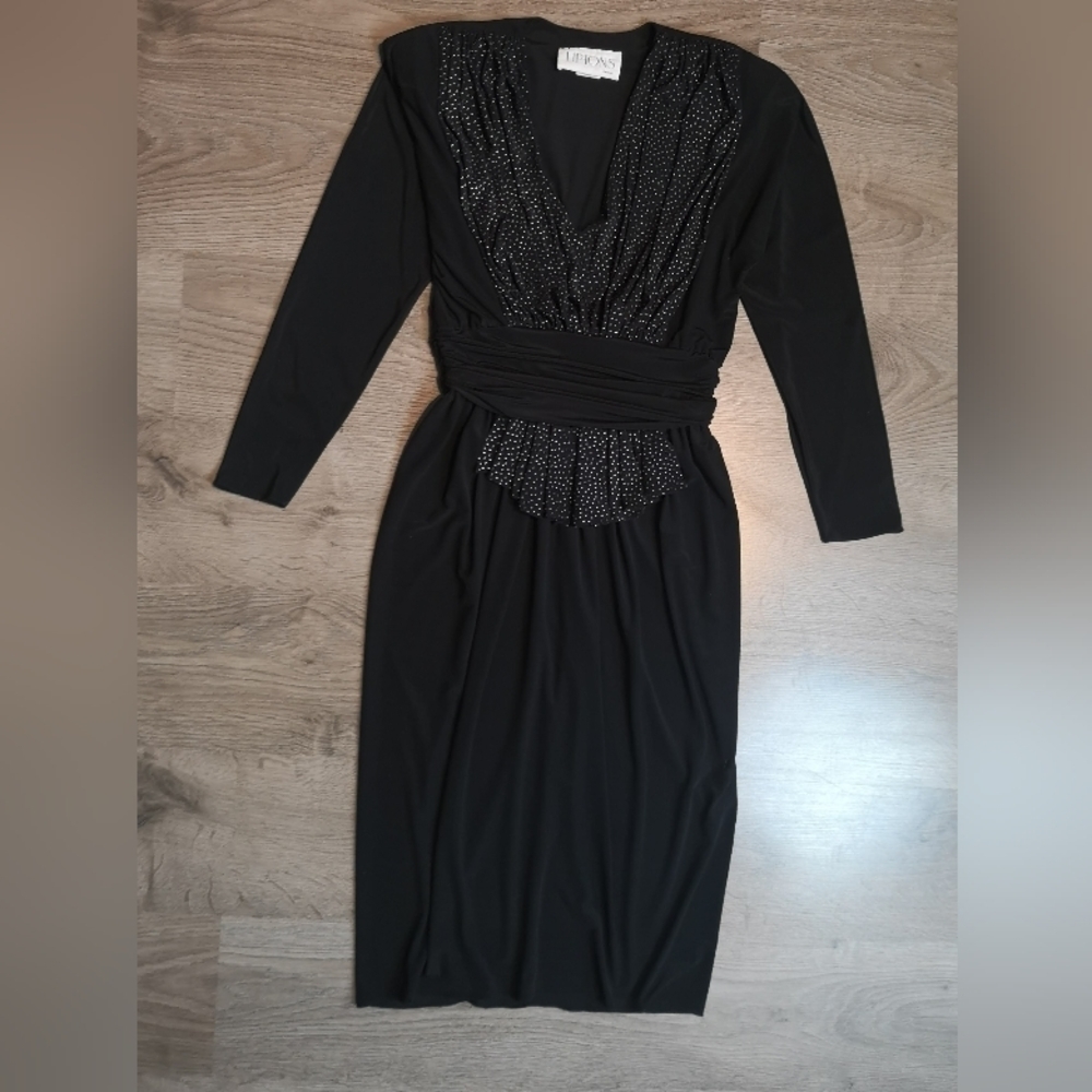 Vintage 80s Polka-dot Deep V Neck Peplum Midi Length Black Knit Jersey Dress